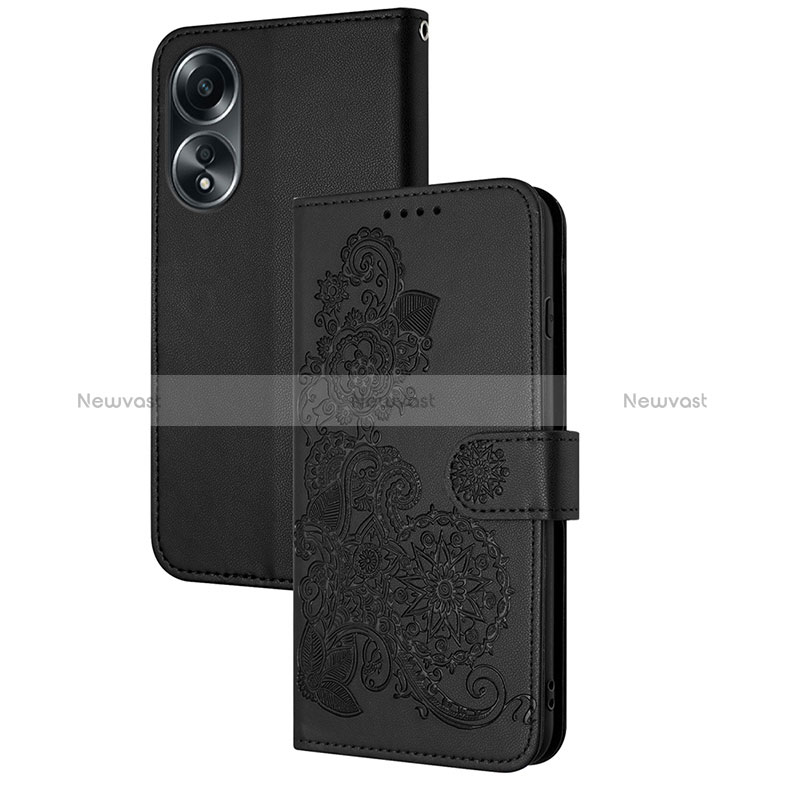 Leather Case Stands Flip Flowers Cover Holder Y01X for Oppo A38 Black