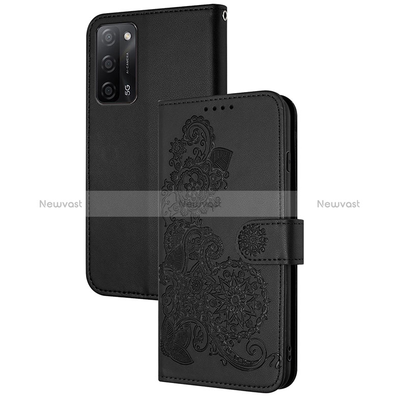 Leather Case Stands Flip Flowers Cover Holder Y01X for Oppo A55 5G Black