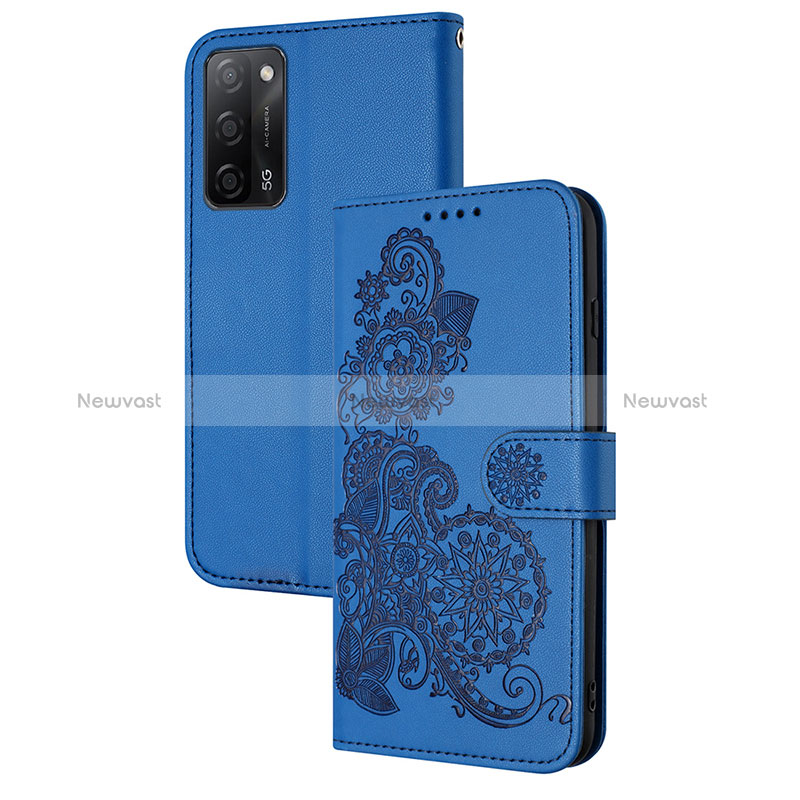 Leather Case Stands Flip Flowers Cover Holder Y01X for Oppo A55 5G Blue