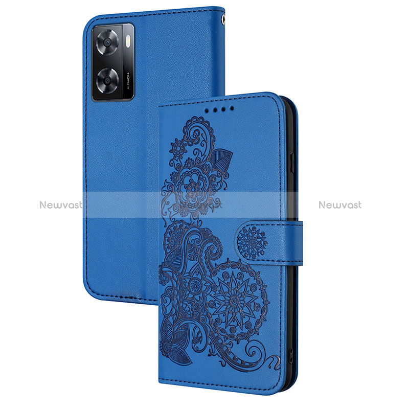 Leather Case Stands Flip Flowers Cover Holder Y01X for Oppo A57 4G Blue