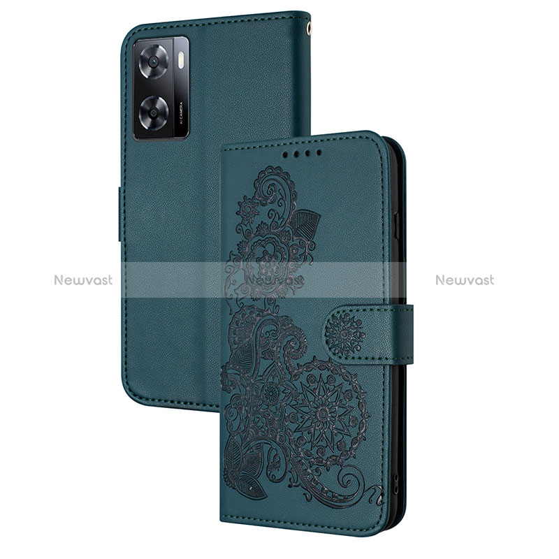 Leather Case Stands Flip Flowers Cover Holder Y01X for Oppo A57 4G Green