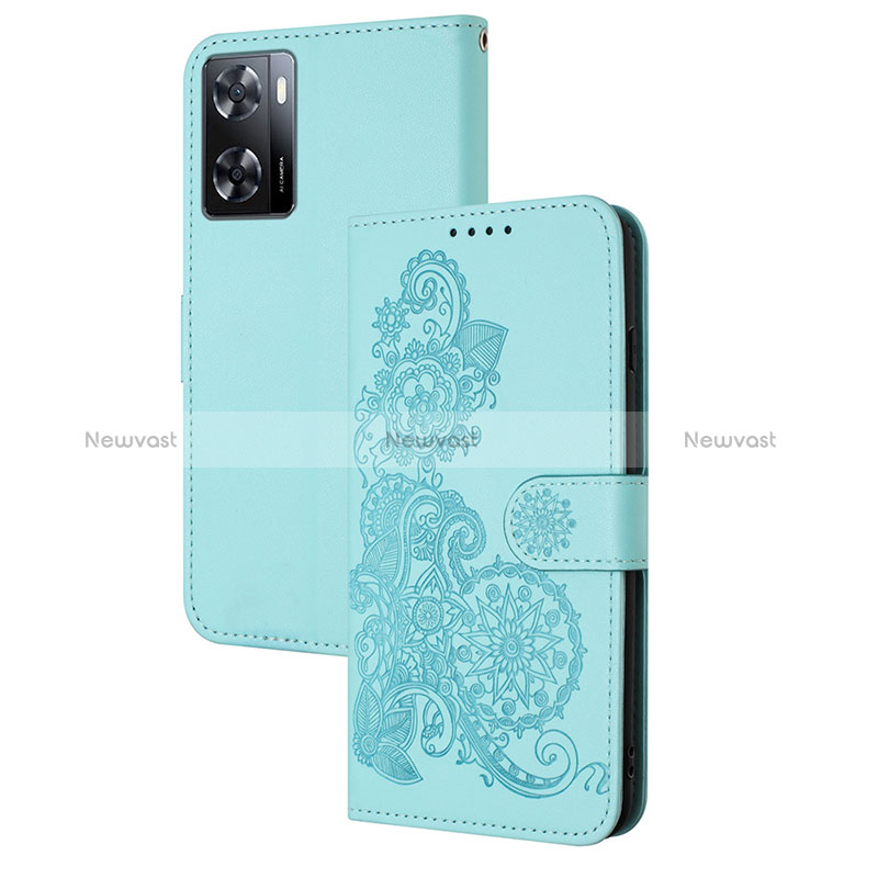 Leather Case Stands Flip Flowers Cover Holder Y01X for Oppo A57 4G Mint Blue