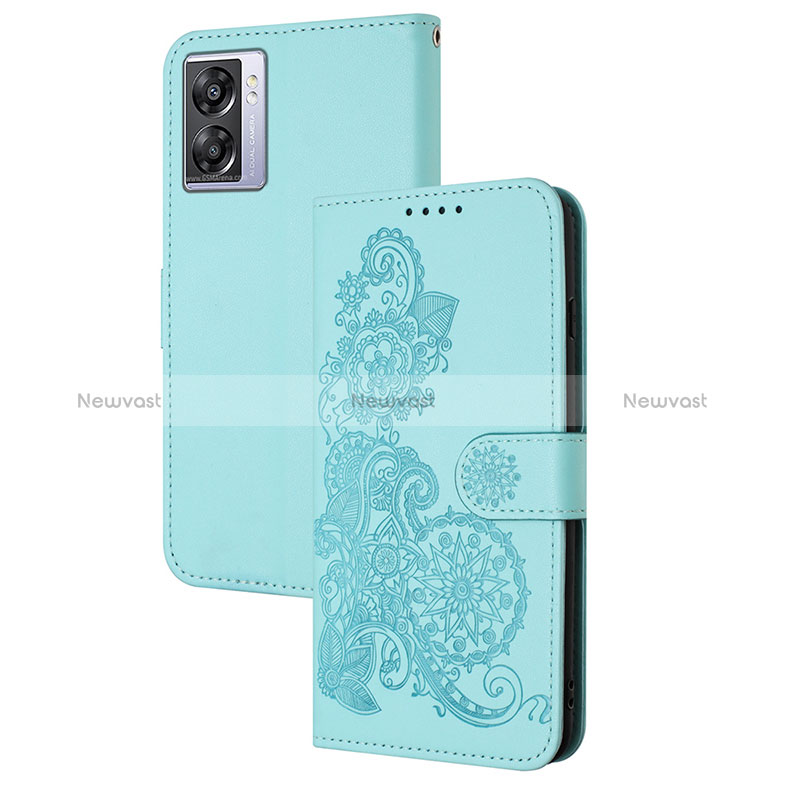 Leather Case Stands Flip Flowers Cover Holder Y01X for Oppo A57 5G Mint Blue