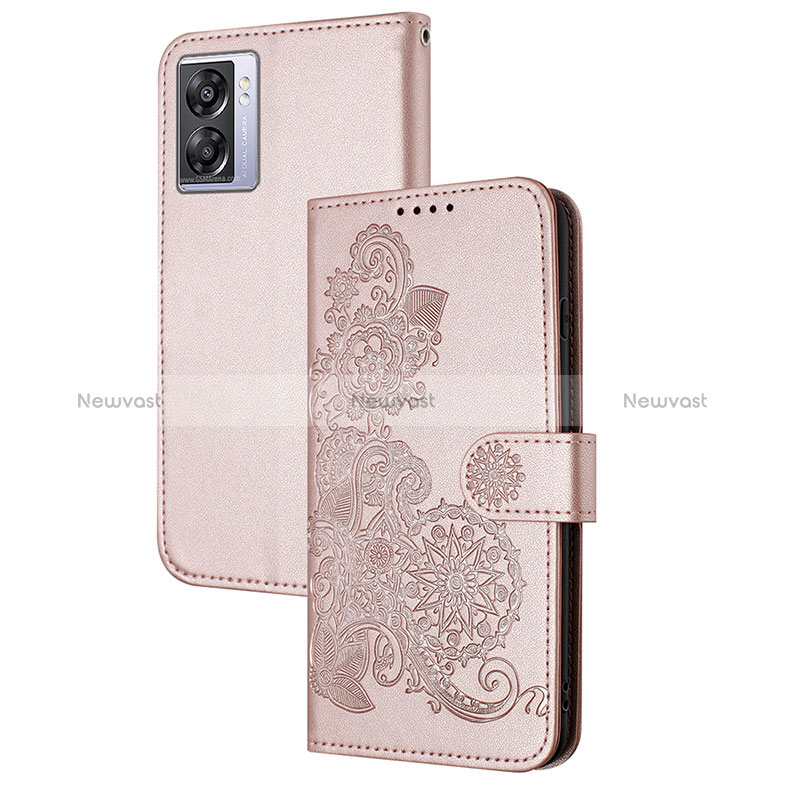 Leather Case Stands Flip Flowers Cover Holder Y01X for Oppo A57 5G Rose Gold