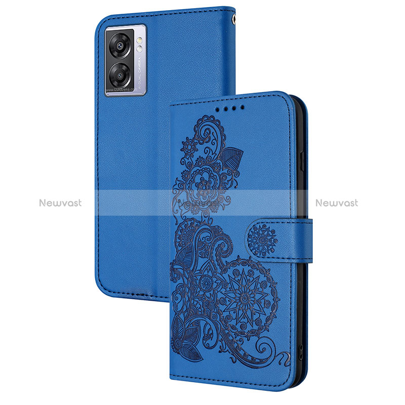 Leather Case Stands Flip Flowers Cover Holder Y01X for Oppo A77 5G Blue