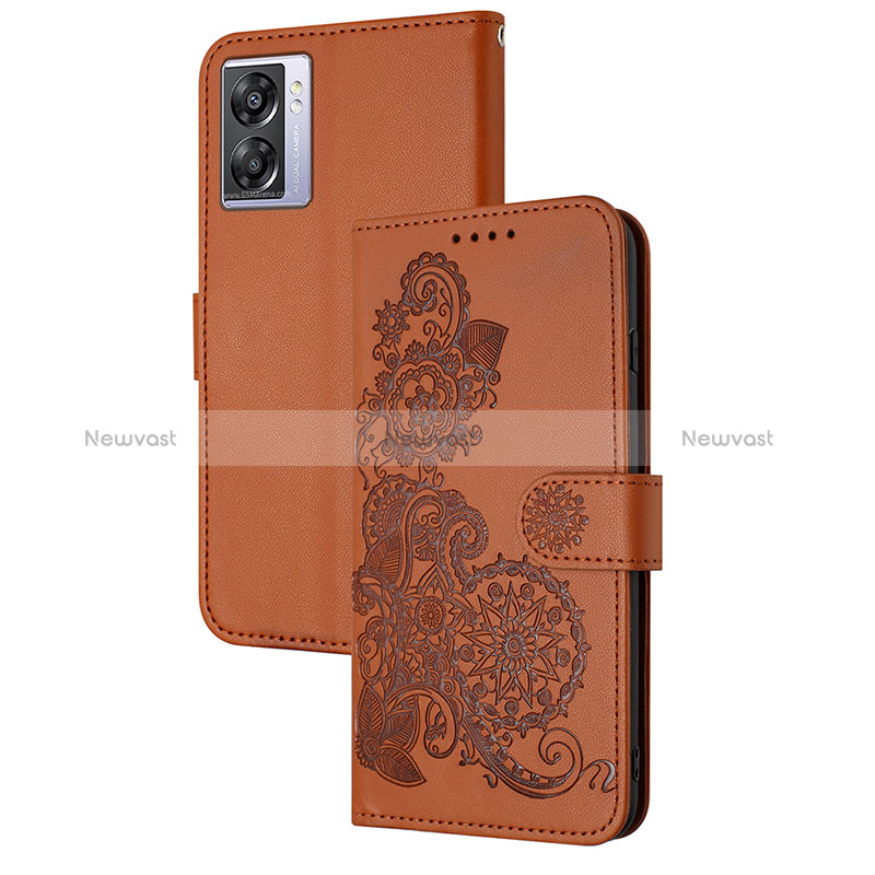 Leather Case Stands Flip Flowers Cover Holder Y01X for Oppo A77 5G Brown