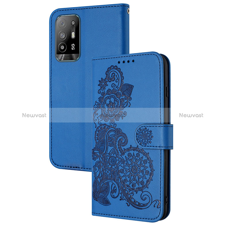 Leather Case Stands Flip Flowers Cover Holder Y01X for Oppo A94 5G Blue