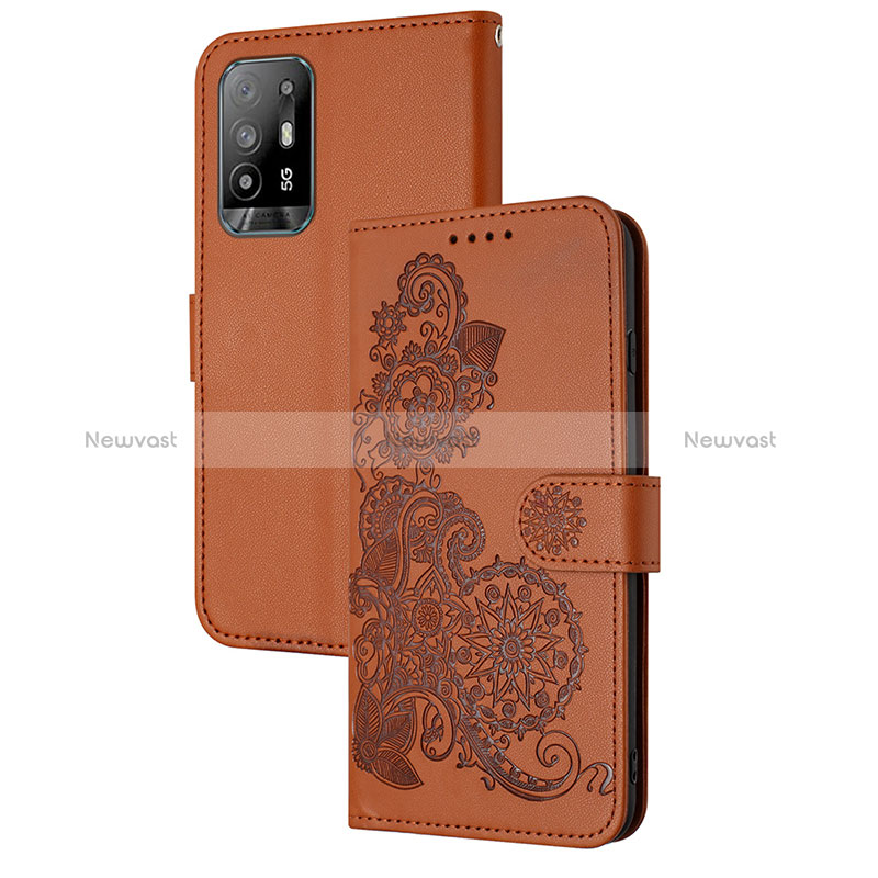 Leather Case Stands Flip Flowers Cover Holder Y01X for Oppo A94 5G Brown