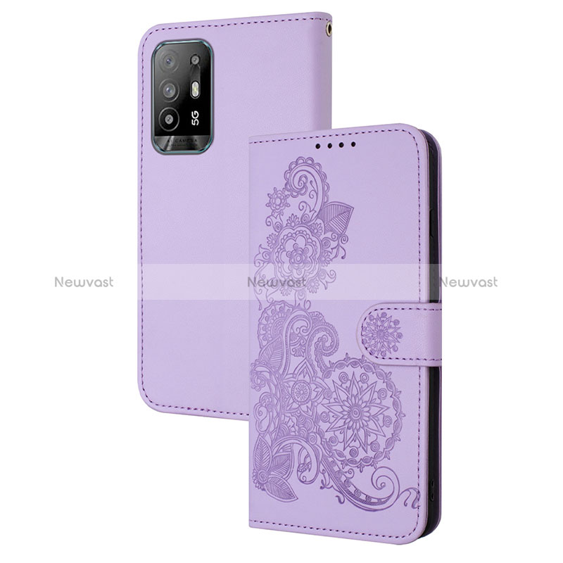 Leather Case Stands Flip Flowers Cover Holder Y01X for Oppo A94 5G Purple