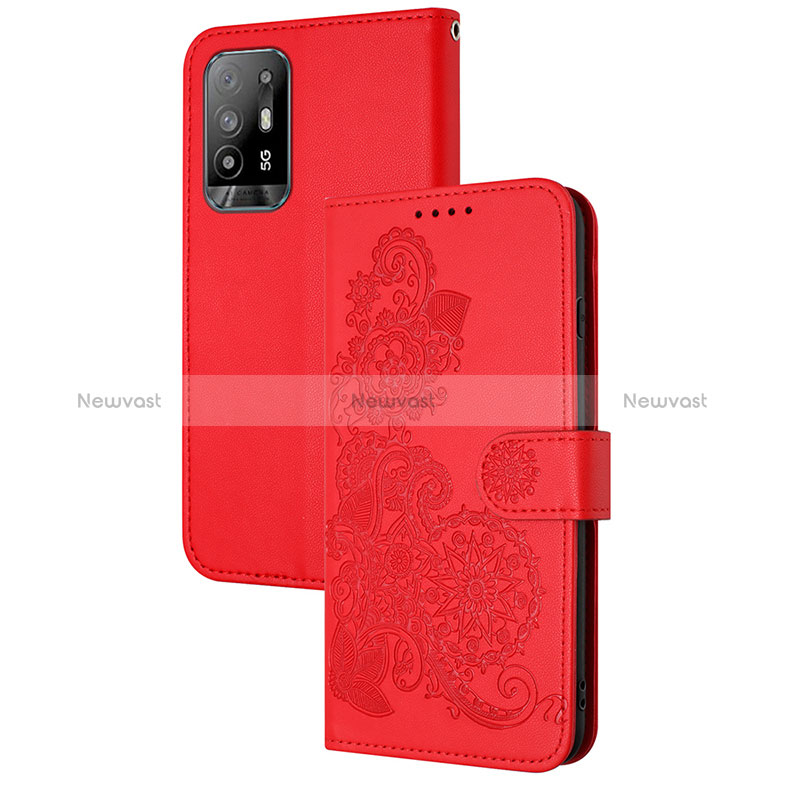 Leather Case Stands Flip Flowers Cover Holder Y01X for Oppo A95 5G Red