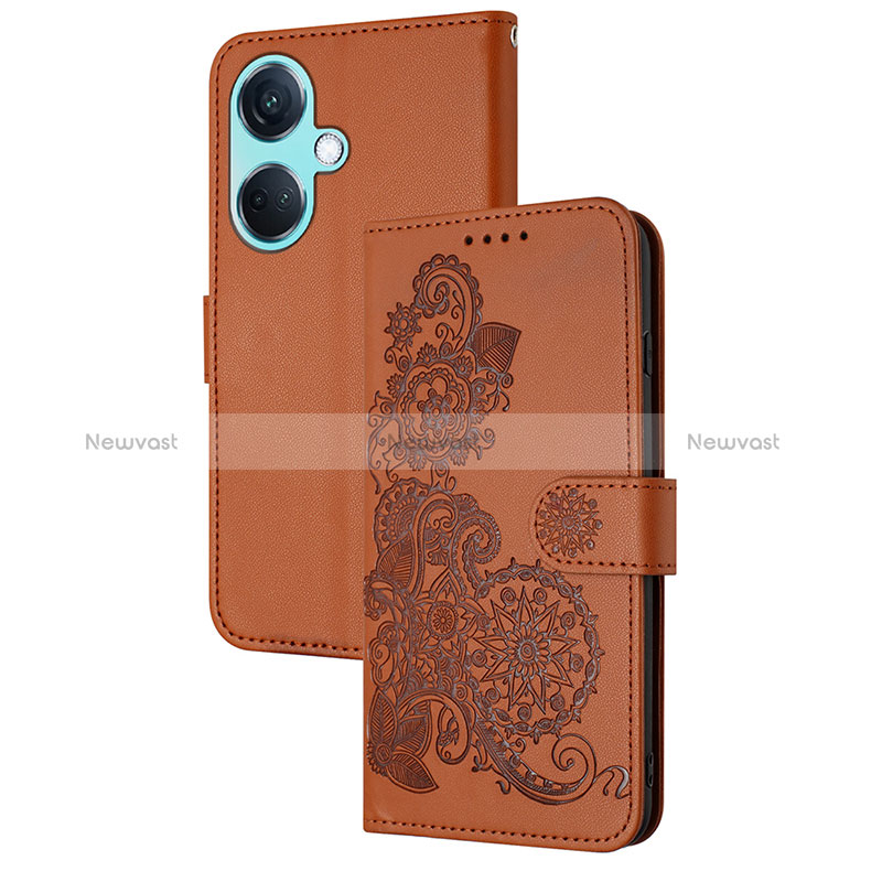 Leather Case Stands Flip Flowers Cover Holder Y01X for Oppo K11 5G Brown