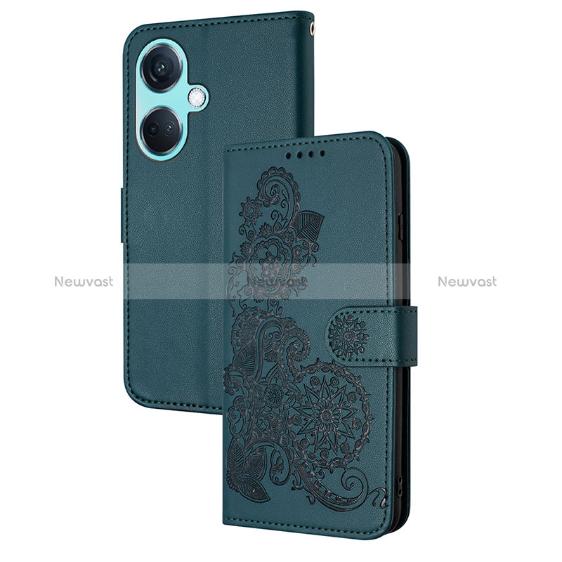 Leather Case Stands Flip Flowers Cover Holder Y01X for Oppo K11 5G Green