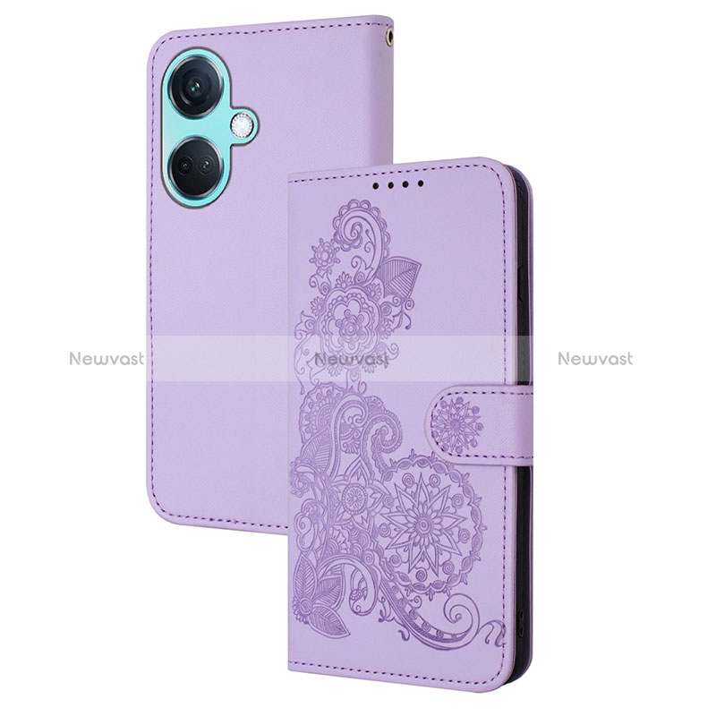 Leather Case Stands Flip Flowers Cover Holder Y01X for Oppo K11 5G Purple