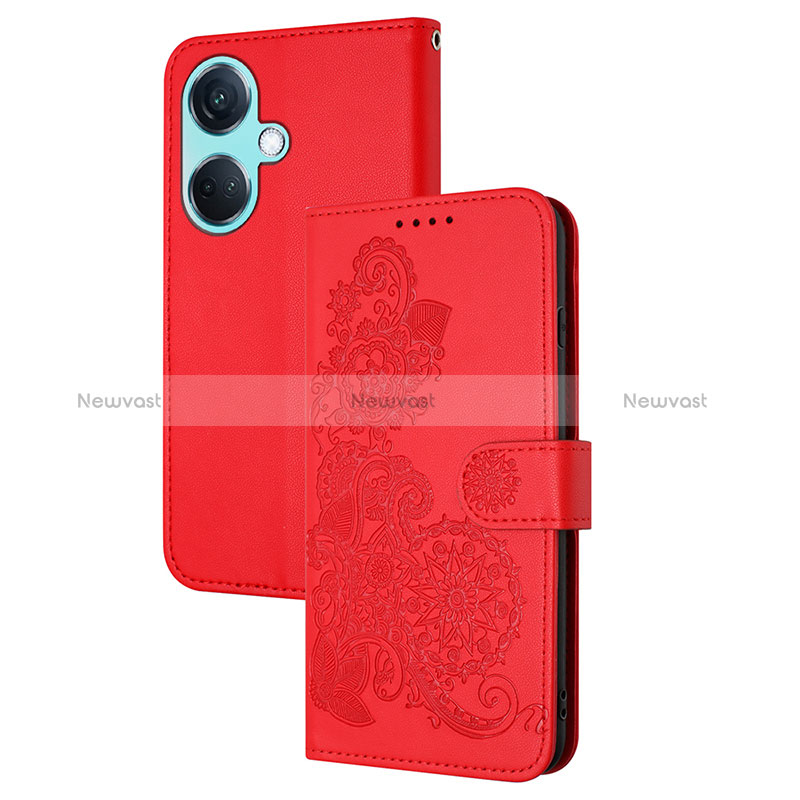 Leather Case Stands Flip Flowers Cover Holder Y01X for Oppo K11 5G Red