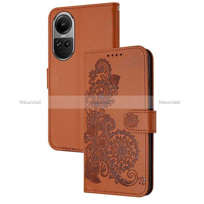 Leather Case Stands Flip Flowers Cover Holder Y01X for Oppo Reno10 5G Brown