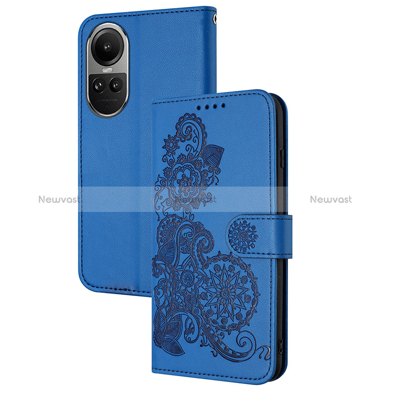 Leather Case Stands Flip Flowers Cover Holder Y01X for Oppo Reno10 Pro 5G Blue