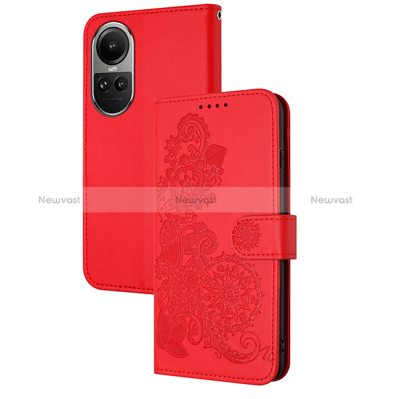 Leather Case Stands Flip Flowers Cover Holder Y01X for Oppo Reno10 Pro 5G Red