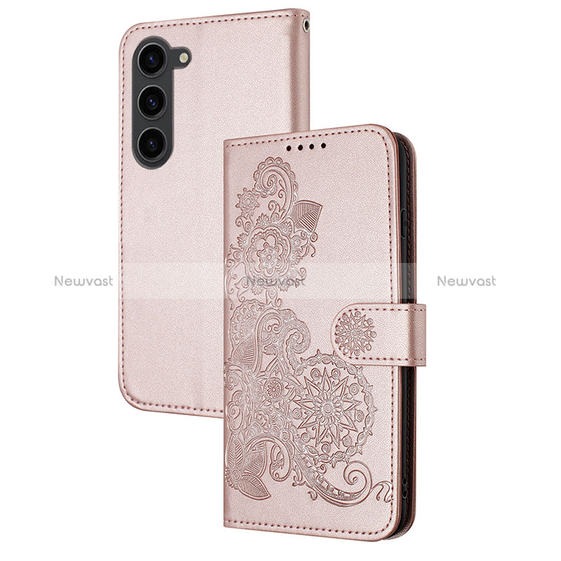 Leather Case Stands Flip Flowers Cover Holder Y01X for Samsung Galaxy S22 5G Rose Gold