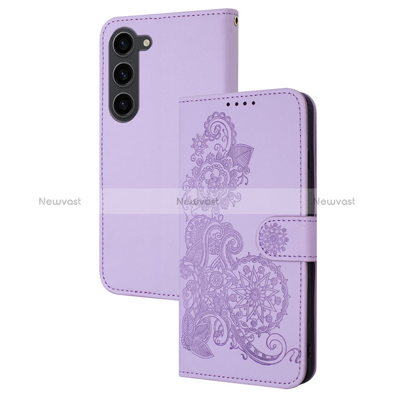 Leather Case Stands Flip Flowers Cover Holder Y01X for Samsung Galaxy S22 Plus 5G Purple