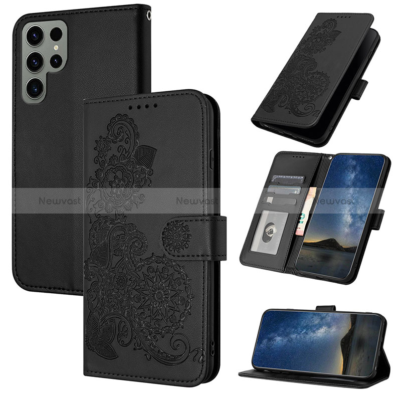 Leather Case Stands Flip Flowers Cover Holder Y01X for Samsung Galaxy S22 Ultra 5G