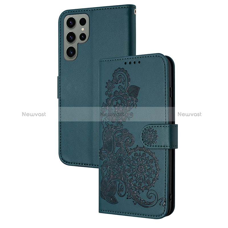 Leather Case Stands Flip Flowers Cover Holder Y01X for Samsung Galaxy S22 Ultra 5G