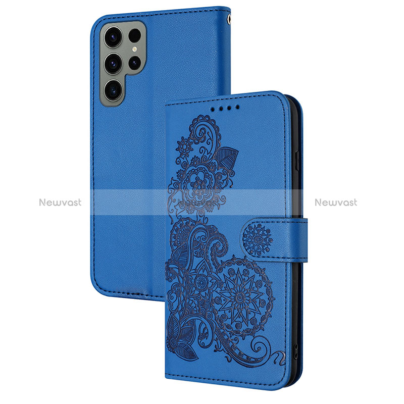 Leather Case Stands Flip Flowers Cover Holder Y01X for Samsung Galaxy S22 Ultra 5G Blue