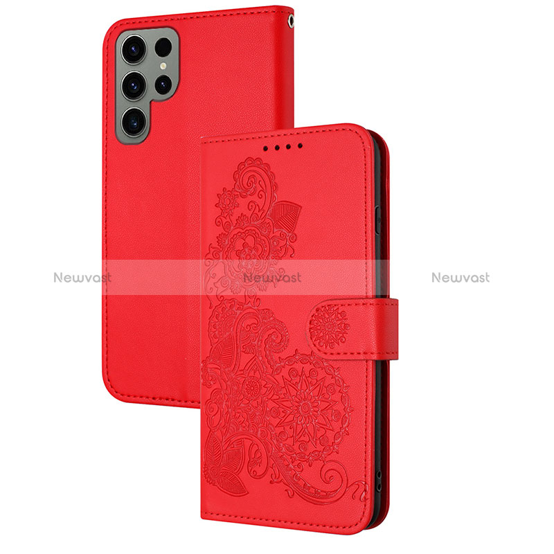 Leather Case Stands Flip Flowers Cover Holder Y01X for Samsung Galaxy S23 Ultra 5G Red