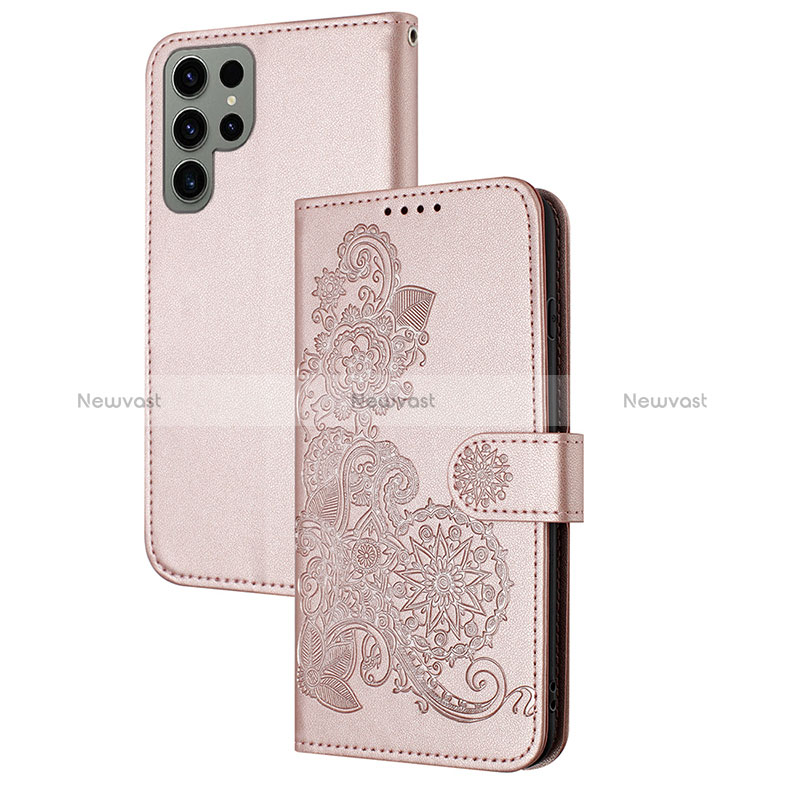 Leather Case Stands Flip Flowers Cover Holder Y01X for Samsung Galaxy S23 Ultra 5G Rose Gold