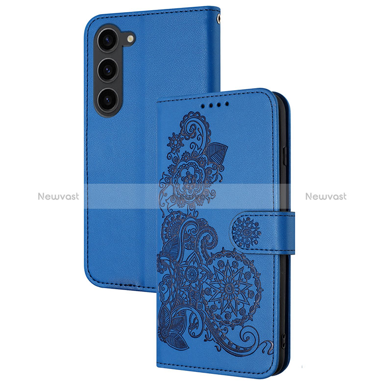 Leather Case Stands Flip Flowers Cover Holder Y01X for Samsung Galaxy S24 5G Blue