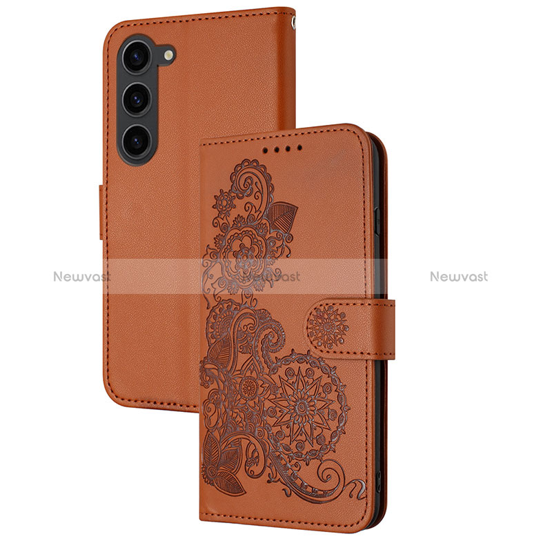 Leather Case Stands Flip Flowers Cover Holder Y01X for Samsung Galaxy S24 5G Brown