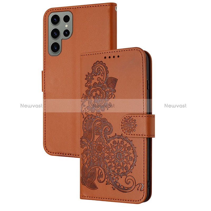 Leather Case Stands Flip Flowers Cover Holder Y01X for Samsung Galaxy S24 Ultra 5G Brown