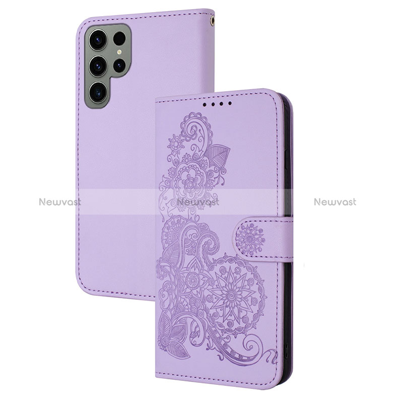 Leather Case Stands Flip Flowers Cover Holder Y01X for Samsung Galaxy S24 Ultra 5G Purple