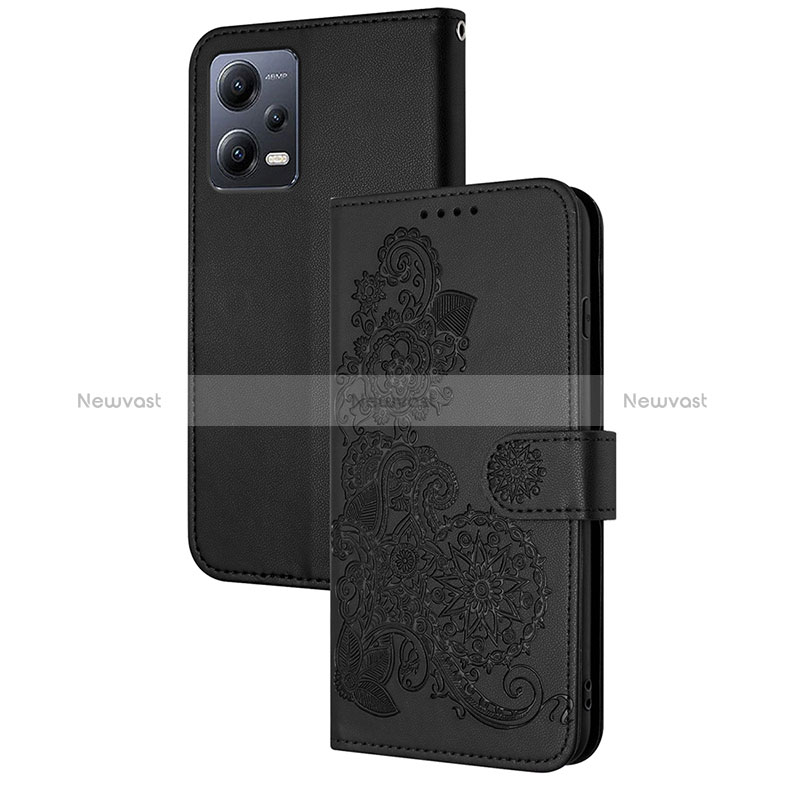 Leather Case Stands Flip Flowers Cover Holder Y01X for Xiaomi Poco X5 5G Black