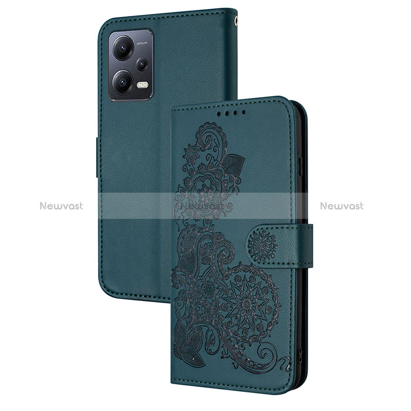Leather Case Stands Flip Flowers Cover Holder Y01X for Xiaomi Poco X5 5G Green