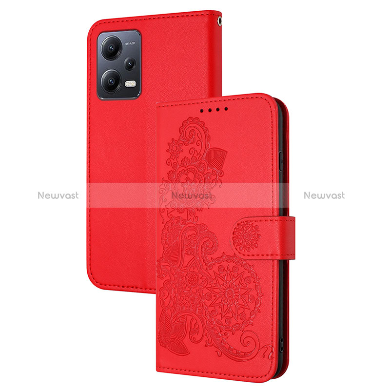 Leather Case Stands Flip Flowers Cover Holder Y01X for Xiaomi Poco X5 5G Red