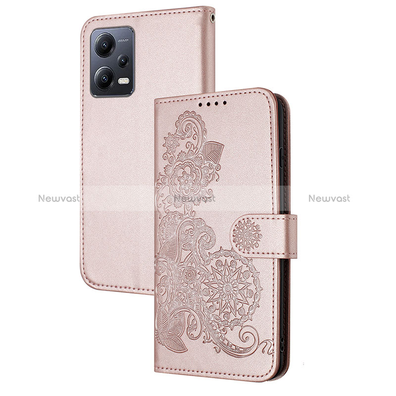 Leather Case Stands Flip Flowers Cover Holder Y01X for Xiaomi Poco X5 5G Rose Gold