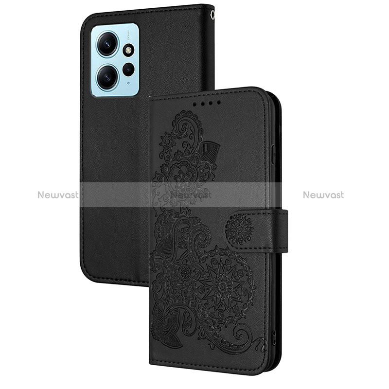 Leather Case Stands Flip Flowers Cover Holder Y01X for Xiaomi Redmi Note 12 4G Black