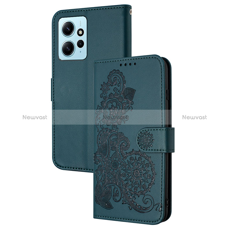 Leather Case Stands Flip Flowers Cover Holder Y01X for Xiaomi Redmi Note 12 4G Green