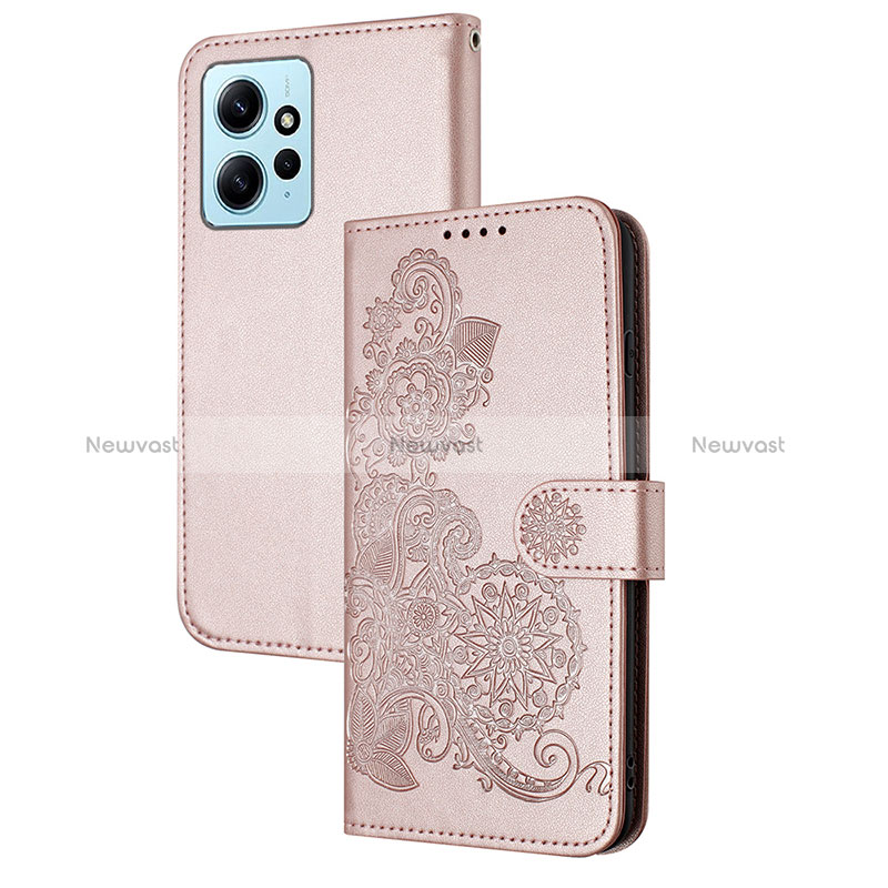 Leather Case Stands Flip Flowers Cover Holder Y01X for Xiaomi Redmi Note 12 4G Rose Gold