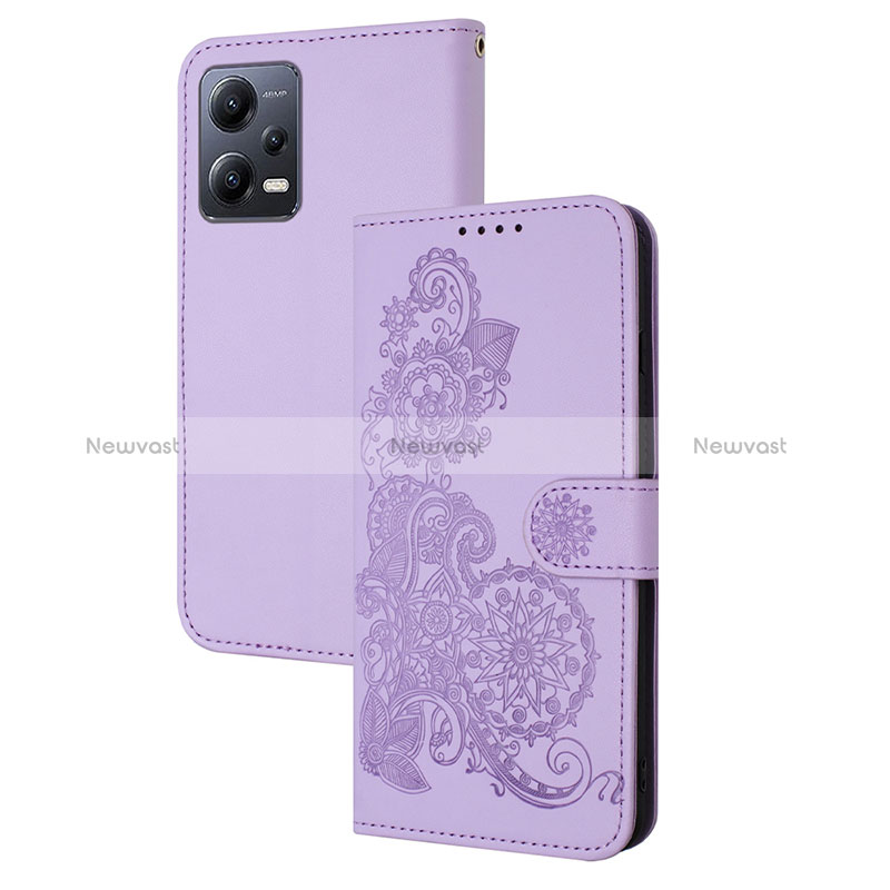 Leather Case Stands Flip Flowers Cover Holder Y01X for Xiaomi Redmi Note 12 5G Purple