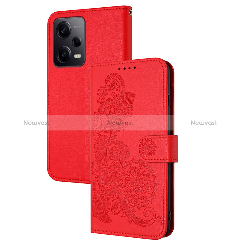 Leather Case Stands Flip Flowers Cover Holder Y01X for Xiaomi Redmi Note 12 Explorer Red