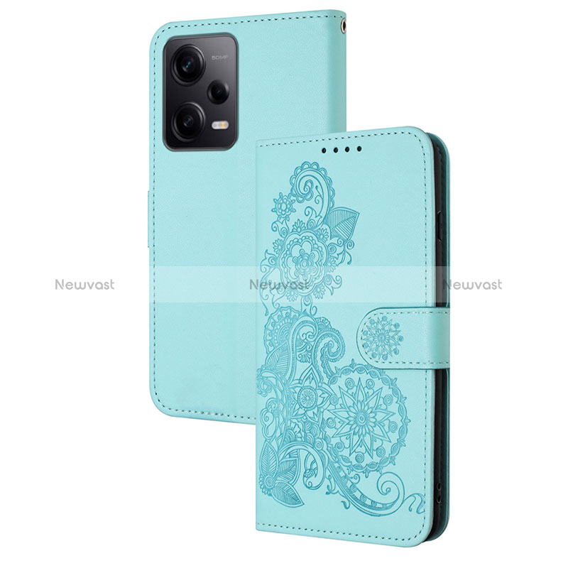 Leather Case Stands Flip Flowers Cover Holder Y01X for Xiaomi Redmi Note 12 Pro 5G Mint Blue