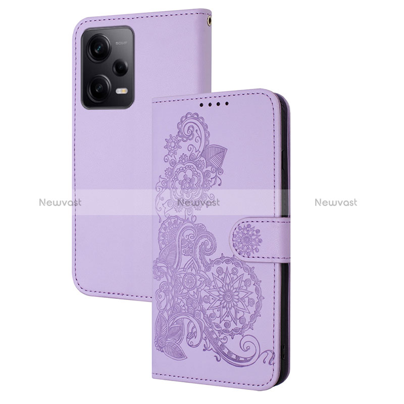 Leather Case Stands Flip Flowers Cover Holder Y01X for Xiaomi Redmi Note 12 Pro 5G Purple