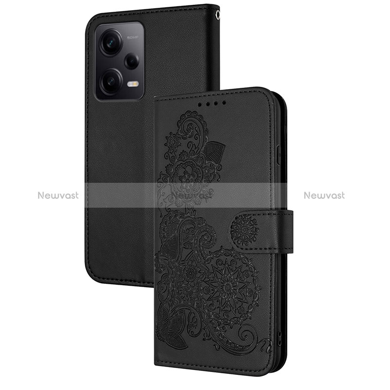 Leather Case Stands Flip Flowers Cover Holder Y01X for Xiaomi Redmi Note 12 Pro+ Plus 5G Black