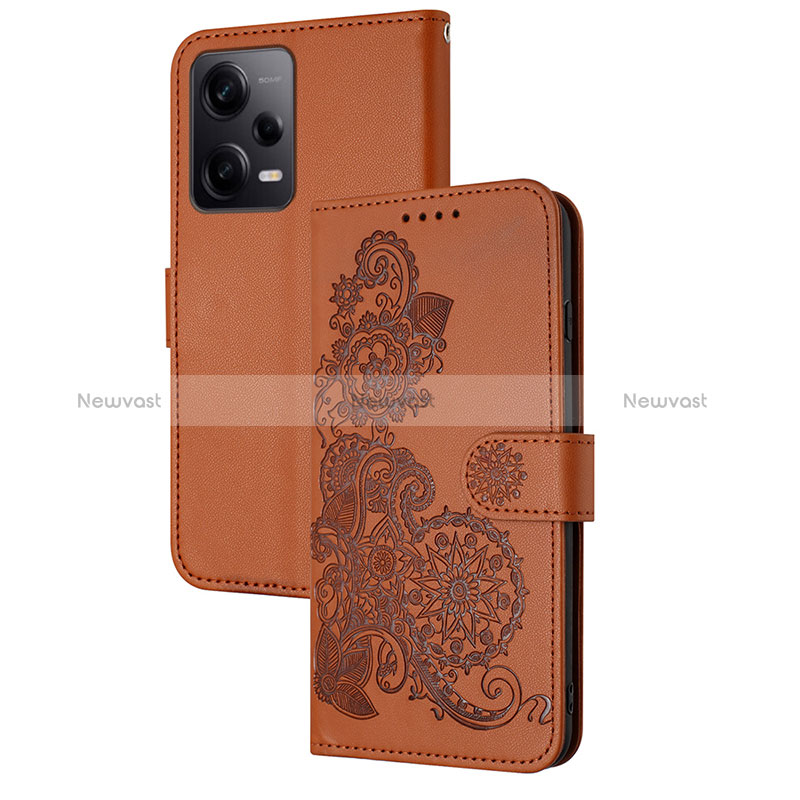 Leather Case Stands Flip Flowers Cover Holder Y01X for Xiaomi Redmi Note 12 Pro+ Plus 5G Brown