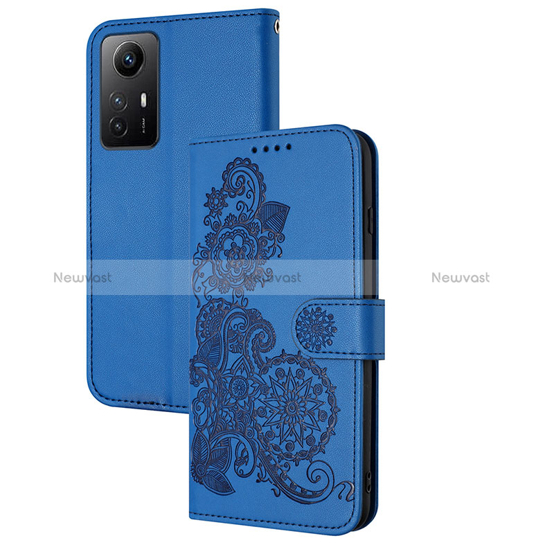 Leather Case Stands Flip Flowers Cover Holder Y01X for Xiaomi Redmi Note 12S Blue