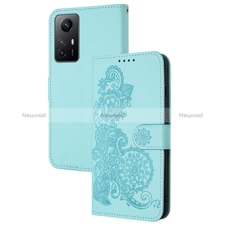 Leather Case Stands Flip Flowers Cover Holder Y01X for Xiaomi Redmi Note 12S Mint Blue