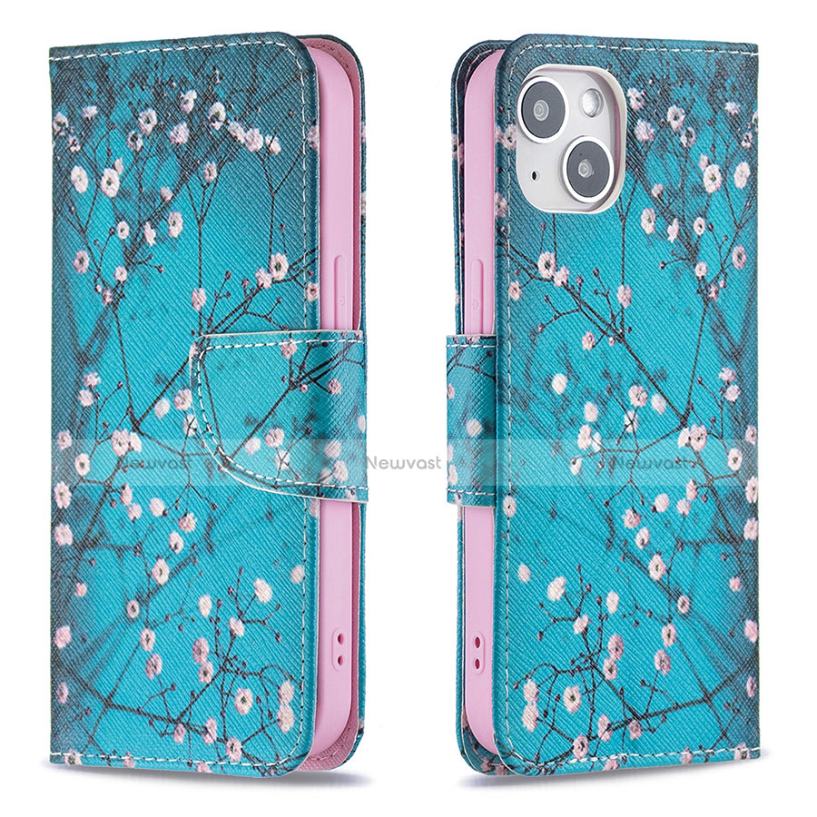 Leather Case Stands Flip Flowers Cover L01 Holder for Apple iPhone 13 Cyan