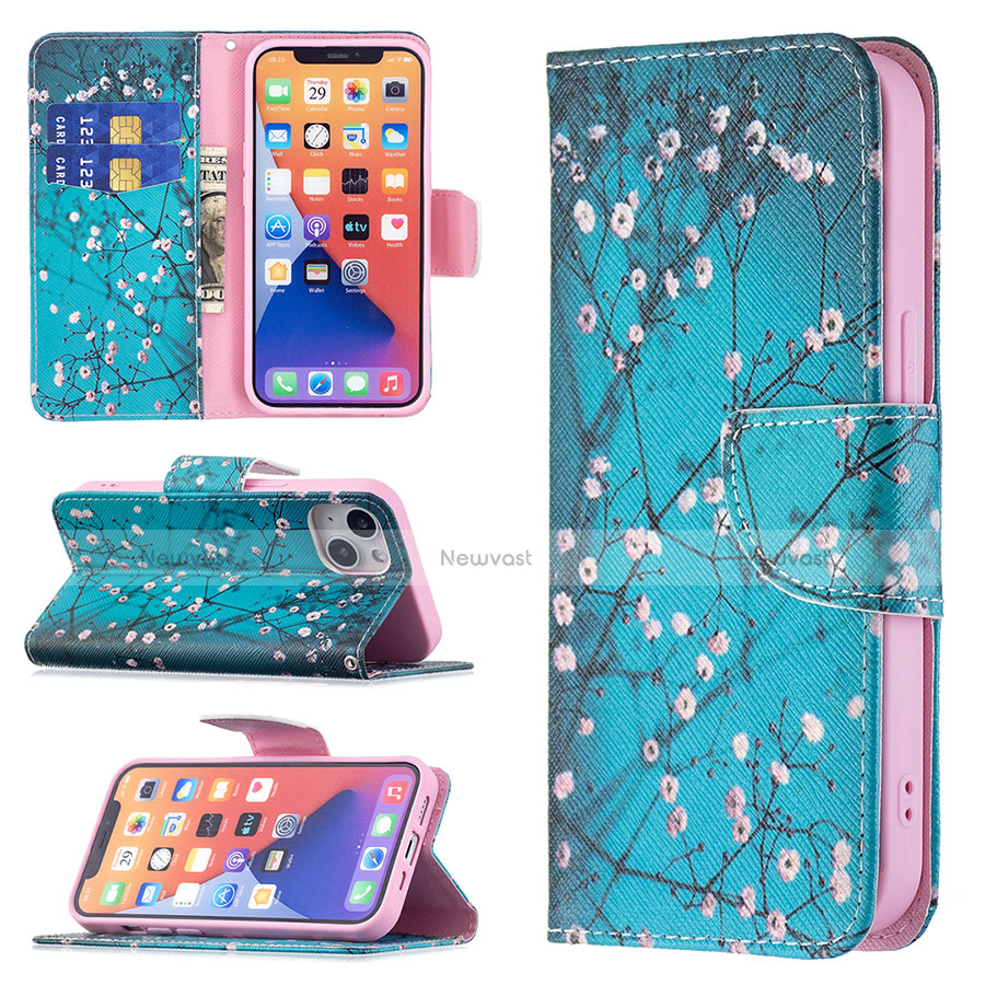 Leather Case Stands Flip Flowers Cover L01 Holder for Apple iPhone 13 Cyan