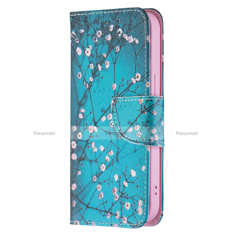 Leather Case Stands Flip Flowers Cover L01 Holder for Apple iPhone 13 Cyan